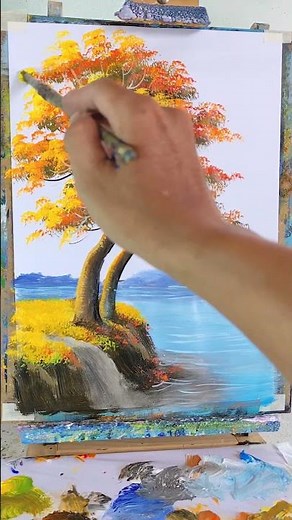 005 - Easy Golden Leaves Painting | Relaxing Acrylic Short | Golden Tree Art