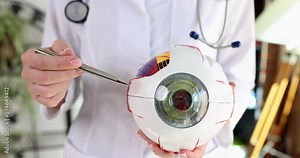 Ophthalmologist keeps anatomical model of eye in clinic
