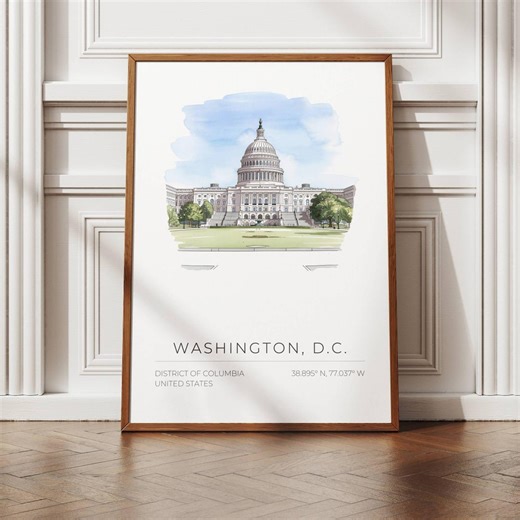 Washington D.C. Capitol Poster, Capitol Illustration Travel Print, Watercolor Sky, Minimalist Wall Art, Coordinates Gift, UNFRAMED - Etsy