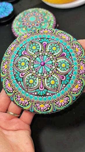 In love with these colors from @decoart , easily one of my most favorite color palettes I’ve created! This rock was HEAVY. #dotartpainting #dotartmandala #decoart #mandala #dotart #satisfying | JGrondz Dot Art