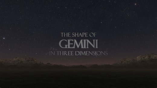 Watch as the familiar pattern of the Gemini constellation on the sky distorts into a whole new perspective when seen in three dimensions. The sequence begins with a night sky view, and the constellations Orion and Taurus just above the horizon. As the camera pans up, the constellation Gemini (The Twins) takes center stage with its brightest stars, Castor and Pollux, at the top. The constellation Auriga can be found in the lower right, with its bright stars forming a pentagon shape. Above and a b