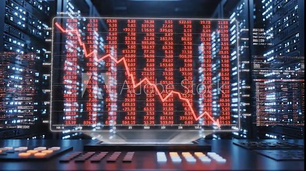 Red line graph displaying fluctuating financial data over time within a server room environment with blinking lights and control panels