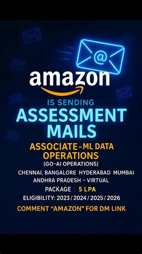 PRIMO_JOBS on Instagram: "Your chance to join the future of AI Operations is here! They're hiring fresh talent for the Associate - ML Data Operations (GO-AI Operations) role. ​💰 Package: 5 LPA ​📍 Locations: Chennai, Bangalore, Hyderabad, Mumbai, Andhra Pradesh – VIRTUAL! ​🎓 Eligibility: 2023, 2024, 2025, 2026 Batch! ​Don't let this opportunity slip! First come, first served for the DM link. ​COMMENT "AMAZON" right now to get the direct application link in your DM!#AmazonHiring #NowHiring #Job