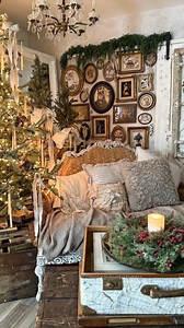 A peek into my Victorian gallery wall — where every frame tells a timeless story. Adding classic note cards @cottonandcrete , old photos, eyeglasses, keyholes, and ribbon — a patchwork of stories and forgotten beauty, woven together with heart and history. @cottonandcrete • Real touch, emerald Falls hanging stems • 18 inch divinity, berry cedar candle ring wreath • 8 inch gold song bell drop • a little bit of Christmas bunny magic- note card • Victorian squirrel- note card • crown of pine and be
