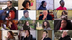 A multiscreen display captures nine individuals, both men and women, in the contagious act of yawning, symbolizing universal fatigue