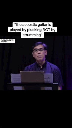 Ang gitara ay isa sa mga CBCP approved instruments. The guitar, the acoustic guitar, NOT the electric guitar. HINDI electric guitar ha! Acoustic guitar is one of the approved instruments by the CBCP which is played by plucking NOT by strumming. Uulitin ko ha, the acoustic guitar is played by plucking NOT by strumming. - Fr. Leo Nilo Mangussad
