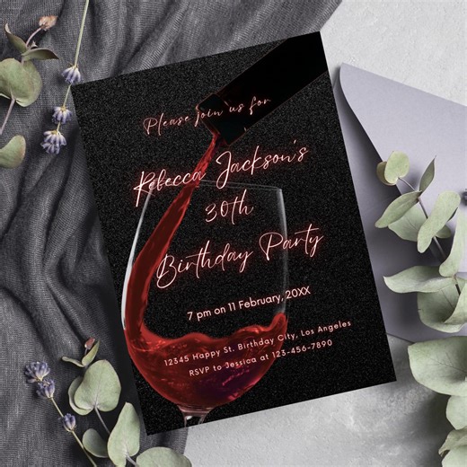 Editable Red Wine Birthday Invitation for Women, Printable Black and Red Birthday Party Invitation, Elegant Wine Pour Text Invite Template - Etsy