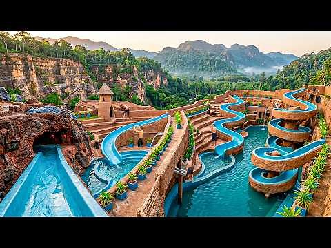 Building $1M Water Palace with Terraced Pool & Spiral Slides on Steep Canyon Using Primitive Tools