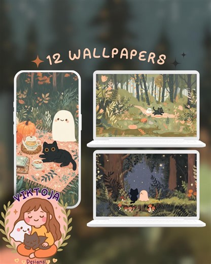 Green Autumn Cat and Ghost Wallpaper Bundle: Boho Kawaii Desktop & Mobile (digital Download) - Etsy