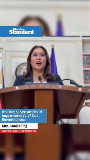 WATCH | It's Final; SC Says Articles Of Impeachment Vs. VP Sara Unconstitutional The Supreme Court (SC) on Thursday (January 29, 2026) announced its decision affirming its July 2025 ruling that declared the Articles of Impeachment against Vice President Sara Z. Duterte unconstitutional. The SC sitting En Banc unanimously denied with finality the Motion for Reconsideration filed by the House of Representatives. | via Pot Chavez #MSNews 👉 Link to the story in the comment section | Manila Standard
