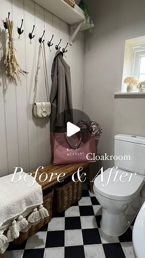 Sarah Johnson on Instagram: "Unpopular opinion, the after is definitely better…! I know some of you loved the way I originally decorated my downstairs loo, and I did too, but i just find the new decor so much better for this space! 🥰 Do you agree? We moved a lot of our outdoor coats and shoes into the integral garage and now this is just used for everyday items. The baskets on the shelf above are full of Bertie’s things. It’s a really practical and functional space now! Shelf is @bandq_uk Bench