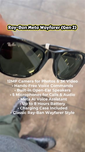 12MP Camera for Photos & 3K Video • Hands-Free Voice Commands • Built-in Open-Ear Speakers • 5 Microphones for Calls & Audio • Meta AI Voice Assistant • Up to 8 Hours Battery • Charging Case Included • Classic Ray-Ban Wayfarer Style #raybanmeta #rayban #sunglasses