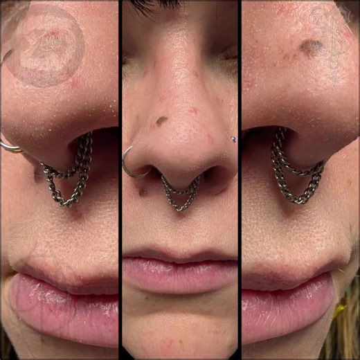 This client came in for a jewelry exchange. They had a septum piercing that was healed and a bit high and angled from another shop. So we decided to do a custom chain setup and I'm loving the results. This is always a good option if you have an oddly angled septum piercing but don't want to pull it and start over. Come see me @Darkside Tattoo Jacksonville for all your piercing needs. ⛧February *Sarasota, FL. *Port Charlotte, FL. *Fort Lauderdale, FL. ⛧March *Atlanta, GA. ⛧April *New London, CT. 