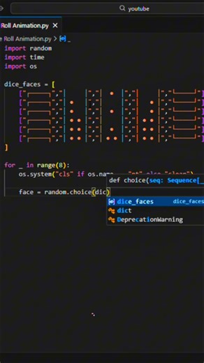 Python Dice Roll Animation 🎲 | Random Dice Simulator Using Python #shorts #ytshorts