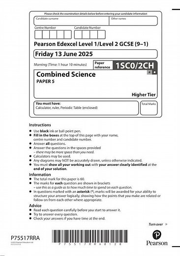 Pearson EDEXCEL GCSE Combined Science Chemistry Paper 2 Higher Tier 2025