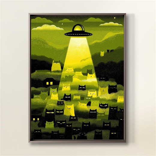 Cat Abduction Wall Art, UFO Cat Printable Poster, Retro Sci Fi Decor, Funny Cat Gift - Etsy