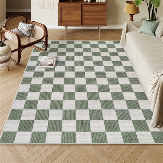 RUG ROBOT 5'x7' Area Rugs for Living Room, Washable Non-Slip Checkered Rugs for Bedroom, Dining Room, Soft Low-Pile Classic Farmhouse Geometric Indoor Large Accent Carpet, Green