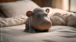 Adorable cartoon hippo with big eyes and a friendly expression, lying on a bed, creating a warm and cozy scene