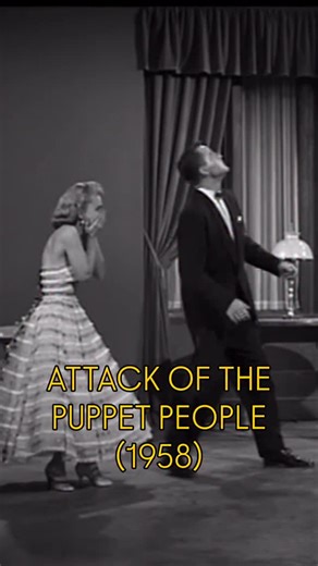 Atomic Matinee on Instagram: "Attack of the Puppet People (1958) takes a simple idea, shrinking humans, and turns it into one of the decade’s more unsettling sci-fi concepts. The miniature people effects were created using forced perspective, oversized props, and split-screen photography, avoiding stop-motion entirely. Full-scale hands, furniture, and tools were built so actors could interact naturally with ‘giant’ objects. The shrinking itself is never shown directly. The film relies on reactio