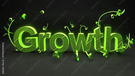 Growth text, representing the vibrant expansion and progress of nature or concepts, illustrated with luminous green lettering adorned with flourishing plant elements, set against a dark background.