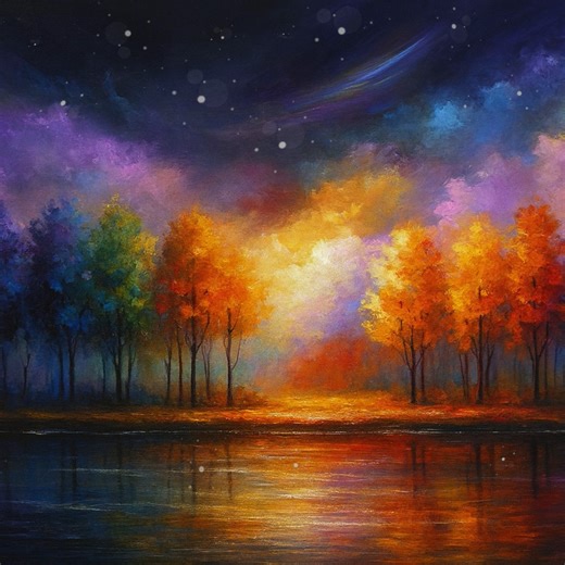 Abstract Art by Joey Santiago on Instagram: "Celestial Grove - Rainbow Forest Reflections Under Cosmic Skies Immerse yourself in the surreal beauty of "Celestial Grove: Rainbow Forest Reflections Under Cosmic Skies," a vibrant landscape painting that blends fantasy and nature in a cosmic dreamscape. This original artwork features a radiant forest transitioning from deep purples and blues to fiery oranges and reds, mirrored in a tranquil lake below. Above, swirling celestial clouds and starlit sk