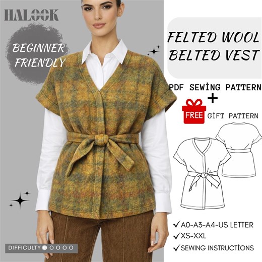 Felted Wool Vest Sewing Pattern | Beginner Friendly, Belted (PDF Pattern XS-XXL) - Etsy