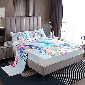 Erosebridal Little Mermaid Bedding Set Full Cute Watercolor Mermaid Tail Fitted Sheet Kids Girls Kawaii Mermaid Princess Bedroom Decor Sheet Girly Pastel Purple Rainbow Gradient Flat Sheet 4 Pcs Soft