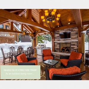 How would you use your timber frame structure? A cozy great room, a welcoming entry, or an outdoor living space built for gathering? The warmth of wood and timeless design make it all possible. #TimberFrame #CustomHome #HomeDesign #DreamHome #OutdoorLiving #Craftsmanship #TimberFraming #GreatRoomGoals #BackyardOasis #TimelessDesign | Frame Work Plus, Inc
