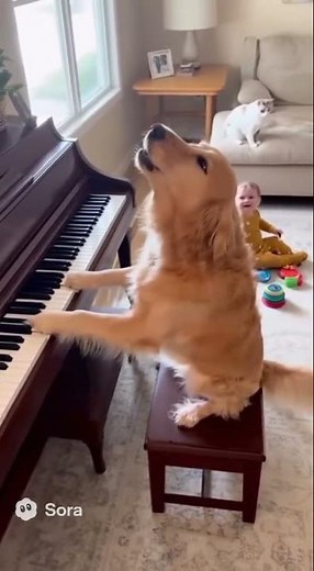 Awoo Concerto: Dog on Piano, Cat Says “Nope” 🎹🐶🐱 #PianoDog #CatPunch #Awoo