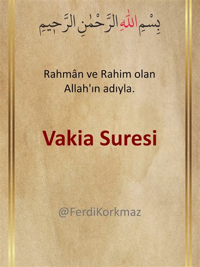 Vakıa Suresi (Vâkı'a Sûresî) #kuran #kuranıkerim #kurandinle إِذَا وَقَعَتِ الْوَاقِعَةُ. (١) İzâ vekâ'âtilvâkiâ. 1-) Kesin gerçekleşecek (olan Kıyamet) koptuğu zaman, لَيْسَ لِوَقْعَتِهَا كَاذِبَةٌ. (٢) Leyse livâkâtihâ kâzibeh. 2-) Onun kopuşunu yalanlayacak kimse olmayacaktır. خَافِضَةٌ رَافِعَةٌ. (٣) Hâfidatun rafiâ. 3-) O, (kimini) yükseltir, (kimini) alçaltır. إِذَا رُجَّتِ الْأَرْضُ رَجًّا. (٤) İzâ ruccetilardu racce. 4-) Yeryüzü şiddetle sarsıldığı, وَبُسَّتِ الْجِبَالُ بَسًّا. (٥) Ve bu