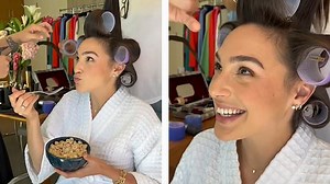 Gal Gadot eats lunch while her glam squad does hair and makeup