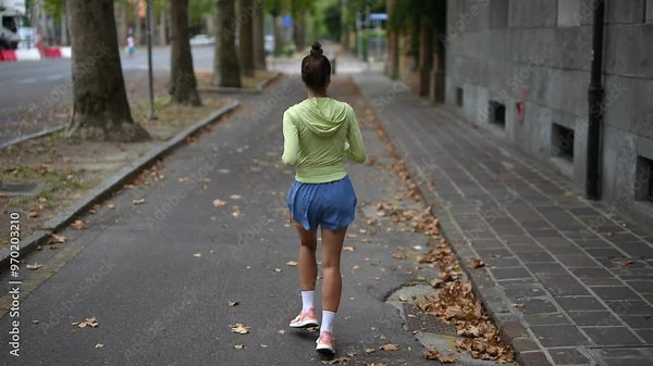A dedicated runner moves gracefully along a scenic urban pathway, embracing refreshing autumn air