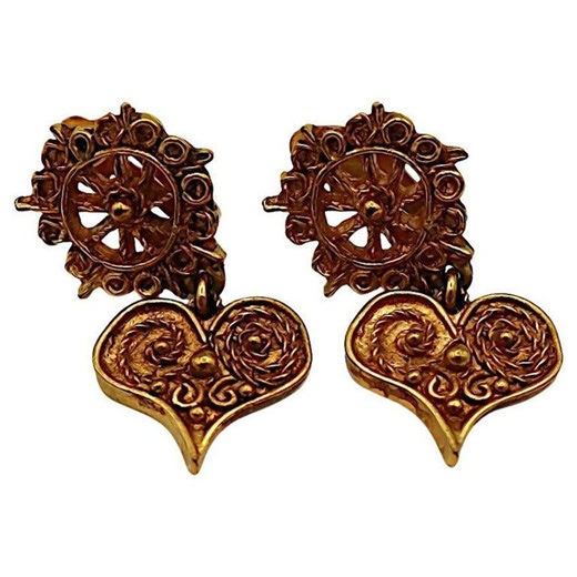 CHRISTIAN LACROIX * Vintage Antiqued Gold Tone Heart Dangle Earrings