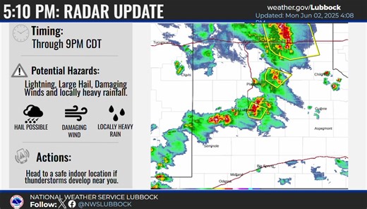 [06/02]: Radar update...a line of severe thunderstorms continues to moving east across the Region with severe thunderstorms near and around I27 Storms that become severe will be accompanied by damaging wind gusts #txwx | US National Weather Service Lubbock Texas