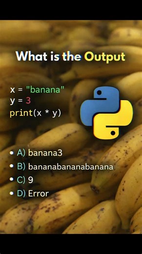 @c_python_programminghub on Instagram: "Most Python developers get this wrong 🐍 String × Integer… simple or tricky? Think before you answer. Drop A, B, C, or D in the comments 👇 Let’s see who really understands Python. #python #pythonquiz #learnpython #codingchallenge #pythonprogramming"