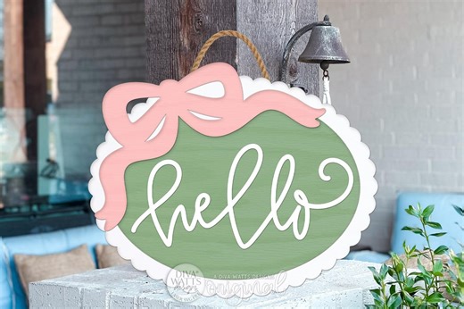 Hello Front Door Round Door Hanger SVG With Bow, Everyday Porch Sign Laser Cut File, Spring Welcome Door Hanger SVG for DIY Decor - Etsy