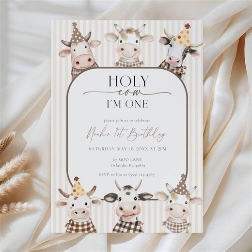Holy Cow I’m One Invitation, Cow 1st Birthday Invite, Farm First Birthday Party, Neutral Farm Theme, Editable Canva Template - Etsy