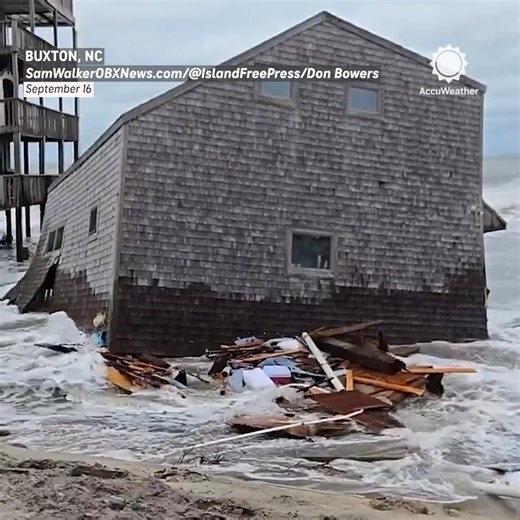 An unoccupied beach house collapsed into the ocean while being battered by waves from the coastal storm on Tuesday in Buxton, North Carolina. It's the 12th house that has collapsed in the area since 2020 (two others were also removed).⁣ | AccuWeather