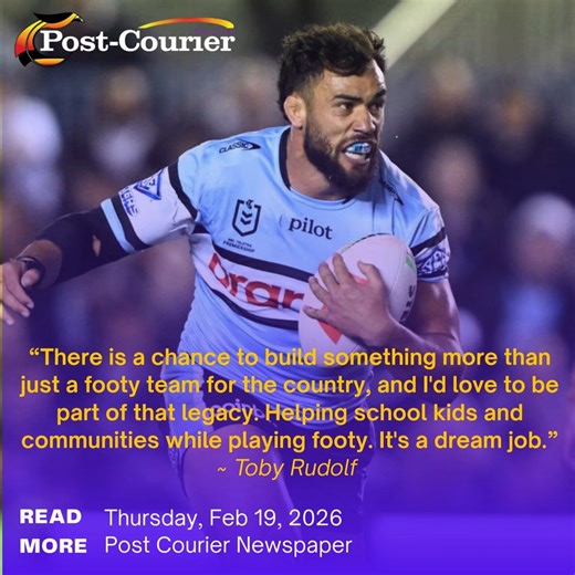 #Sports: CRONULLA Sharks prop forward Toby Rudolf has made it clear to the PNG franchise that he is keen to jump on board for their inaugural NRL campaign in 2028. Read the full story in the Thursday, Feb 19, 2026, edition of the Post-Courier Newspaper. | Post Courier