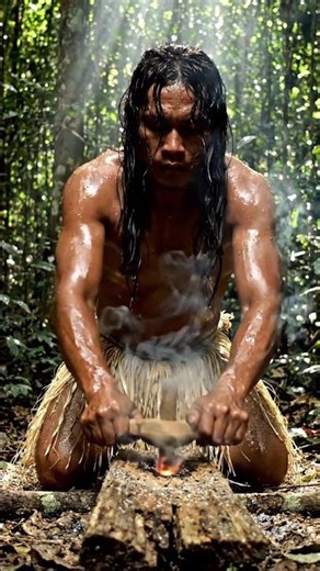 Cinematic medium shot, low angle. An indigenous man with long, damp black hair 🔥🔥🔥.
