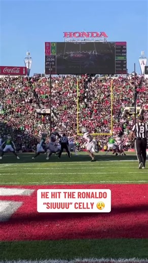 OSU Football Wireline on Instagram: "Throwback: When Jeremiah Smith torches the Ducks for his second TD in the Rose Bowl and unleashes the iconic Ronaldo jump-turn SIUUUU… but the crowd ghosts the chant? 😭🔥 Ohio State’s freshman phenom channeling CR7 vibes while dominating Oregon – worlds colliding in the end zone! 🌹🏈⚽ #JeremiahSmith #siuuu #ohiostate #Buckeyes #RoseBowl"