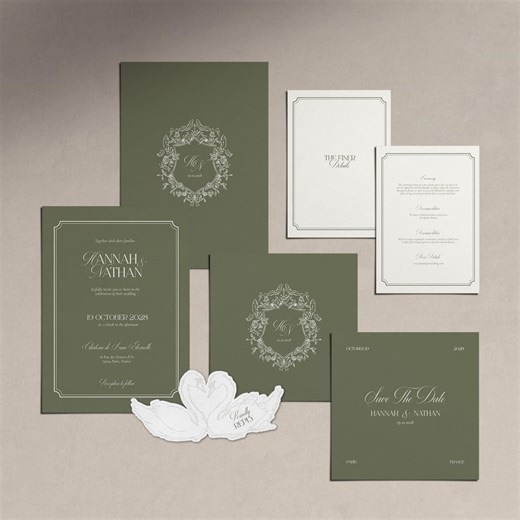 Olive Green Old Money Wedding Invitation Suite Vintage Swan Wedding Invite With RSVP Card Retro Wedding Invitations Coquette Wedding - Etsy