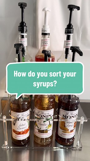 Do you sort your syrups a certain way? Just easier for me to know where the #monin syrup is way faster if it’s in alphabetical order. #lemonade #syrup
