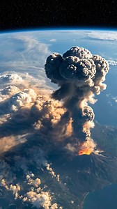 From orbit, a massive volcano erupts on Earth’s surface, sending a towering plume of ash and smoke high into the atmosphere. The surrounding land is darkened by volcanic deposits while the curvature of Earth glows softly against the blackness of space. No visible lava rivers dominate the scene—just an immense ash column spreading outward, showing the raw power of geological forces reshaping the planet in real time. Disclaimer: This content is created using AI and does not represent real events o