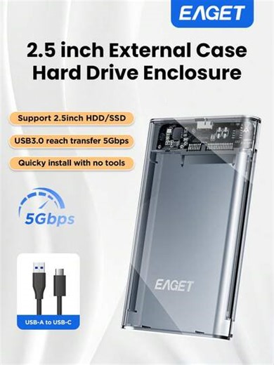 EAGET 2.5" External Hard Drive Enclosure, Tool-Free USB 3.0 To SATA III Adapter, Plug And Play Portable Metal Housing For Up To 6TB HDD/SSD, UASP Supported (Hard Drive Not Included) | SHEIN