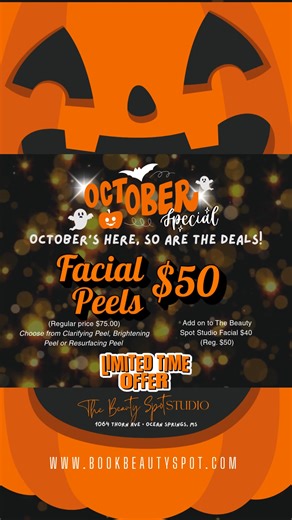No tricks, just boo-tiful treats for your skin all month long! 🎃 Get ready for the spooky season with these frighteningly good deals: ✨ Unmask your inner glow with a Clarifying, Brightening, or Resurfacing Facial Peel for only $50. ✨ Get a wicked autumn glow with a $20 Spray Tan. ✨ Scare away dead skin and ghostly peach fuzz with Dermaplaning for $50 (That's 50% OFF!) These spooktacular offers will vanish like a ghost on October 31st. Visit our website to book your potion... I mean, appointment