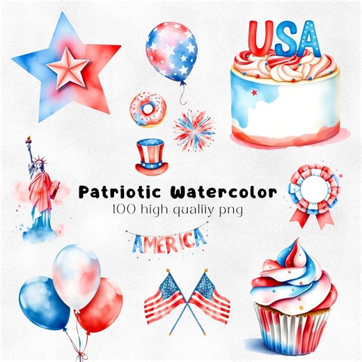 4th of July Clipart Bundle 100 PNG | Patriotic Clipart USA Independence Day | Stars Flags Fireworks Balloons Cake Elements | Commercial Use - Etsy
