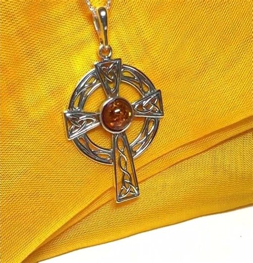 Real amber sterling silver Celtic cross including chain