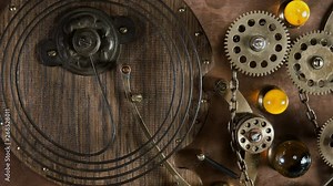 Steampunk, the pendulum beats off seconds, part of the time machine device with rotating gears, like a clockwork