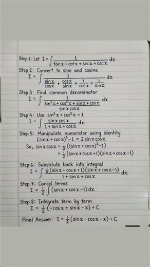 Hard Trigonometry Integral Trick 😱 | Solve ∫1/(tanx+cotx+secx+cscx) | Maths Short#maths#trigonometry